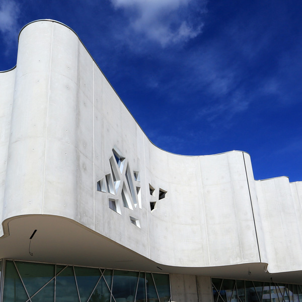 View of the concrete facade of the multimedia library in Vitrolles