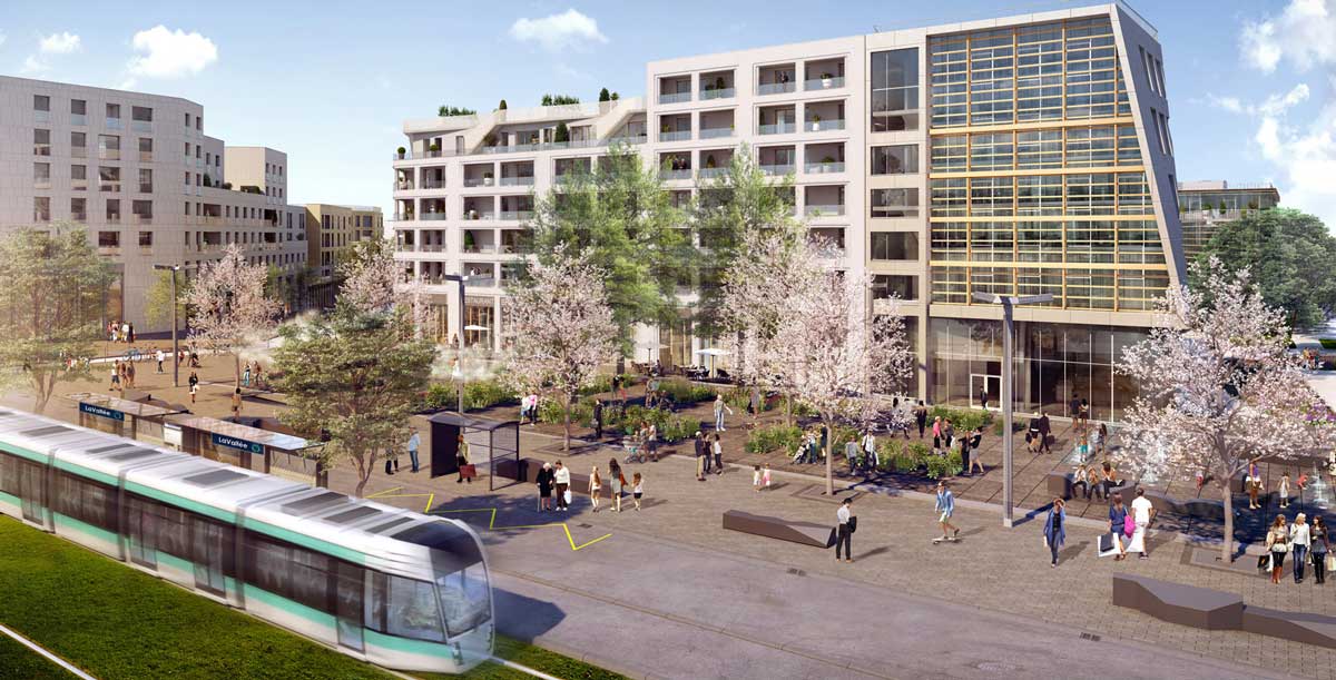 Vue de la place LaVallée avec le nouveau Tram T10